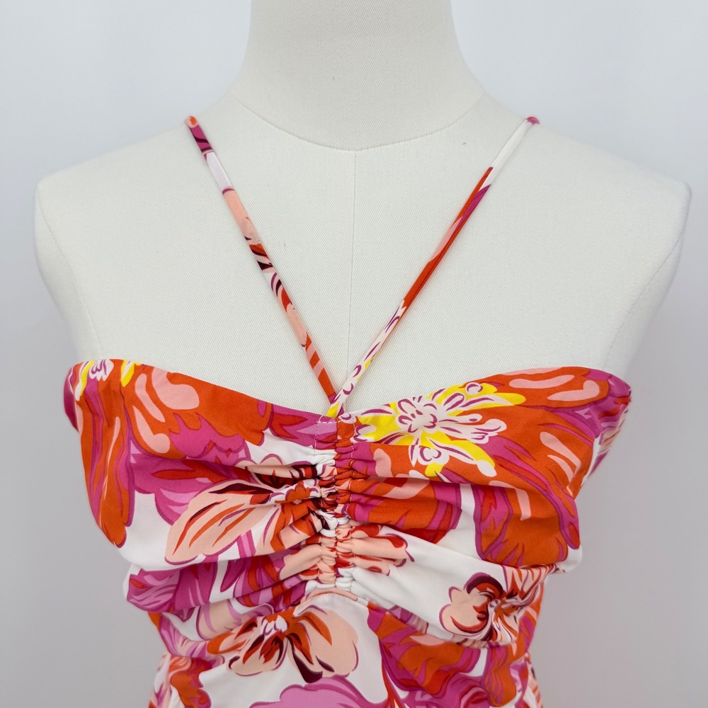 Entro Floral Maxi Dress Pink Orange Open Back Tie Tiered Boho Sundress M Resort - Picture 5 of 6